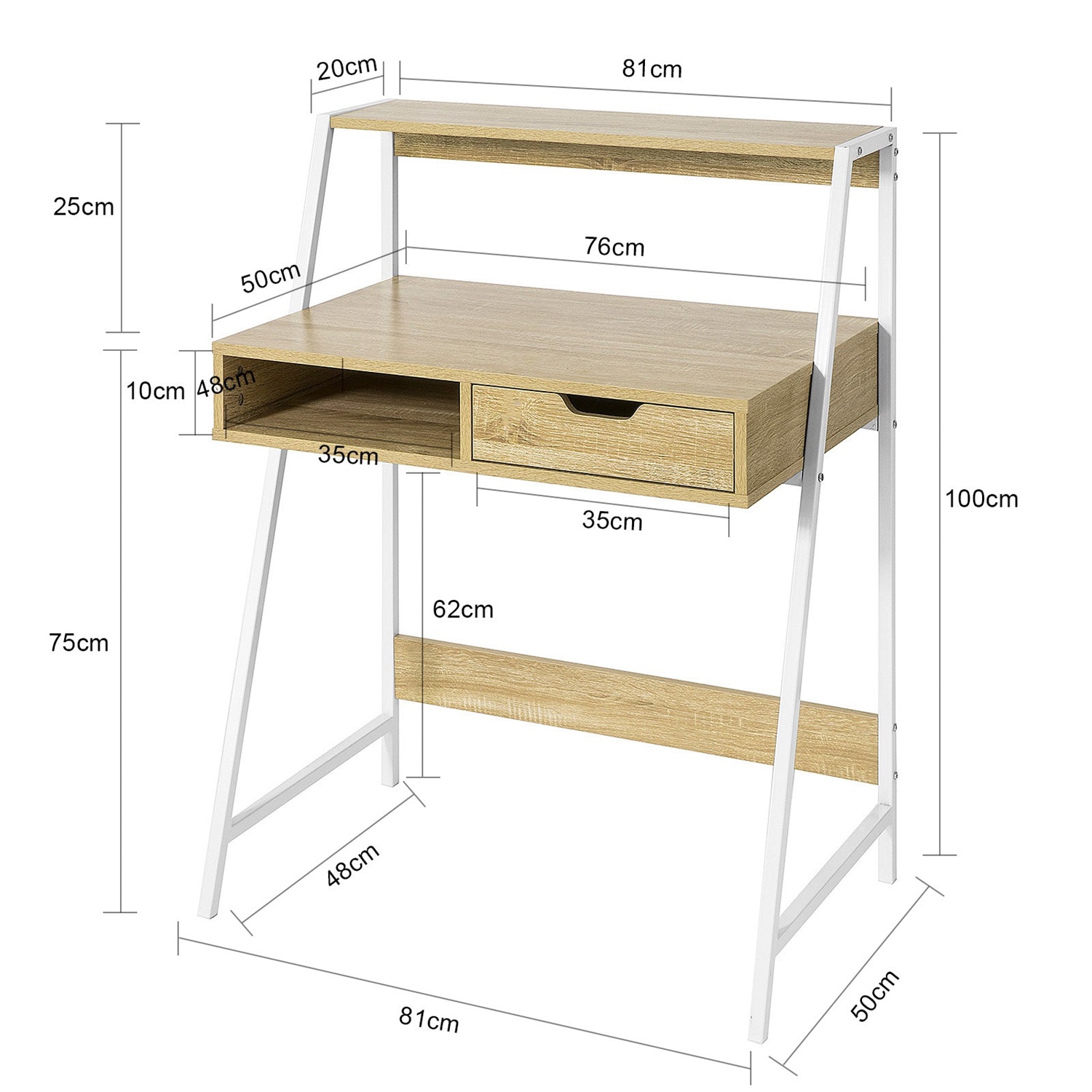 SoBuy FWT63-N Scrivania Piccola con Vassoio, Cassetto e Libreria - Dimensioni L76*P50*A75 cm, Struttura in Ferro Verniciato