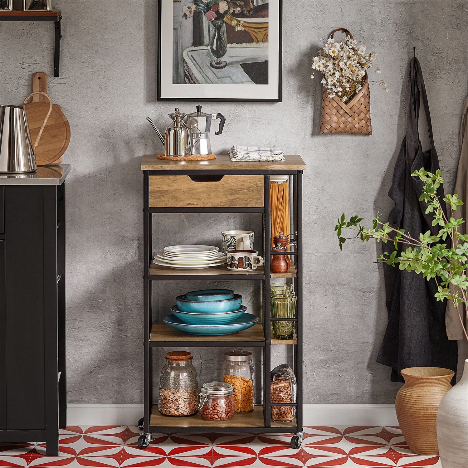 SoBuy FKW99-N Carrello da Cucina con 6 Ripiani, 1 Cassetto e Ruote - Dimensioni 50x87x37 cm