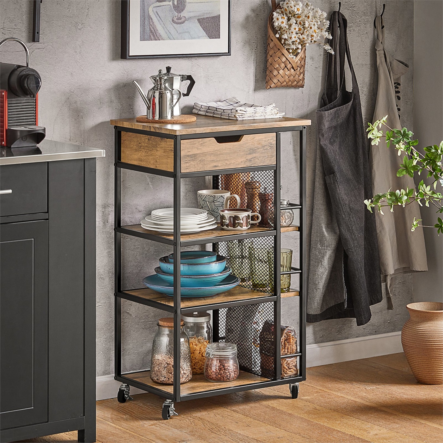 SoBuy FKW99-N Carrello da Cucina con 6 Ripiani, 1 Cassetto e Ruote - Dimensioni 50x87x37 cm