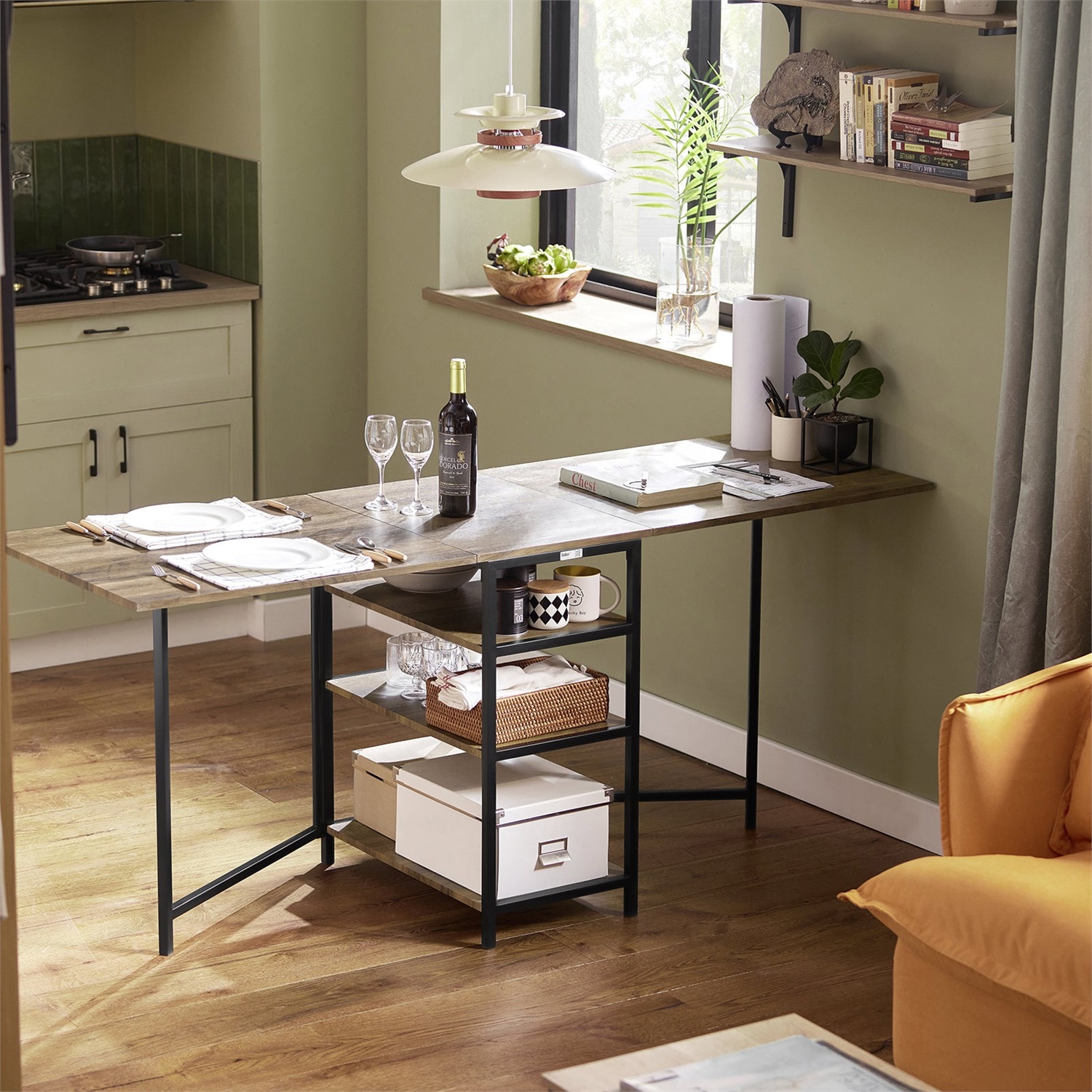SoBuy FWT62-N Tavolo Pieghevole da Cucina e Sala da Pranzo in Legno con 3 Ripiani - Design Industriale