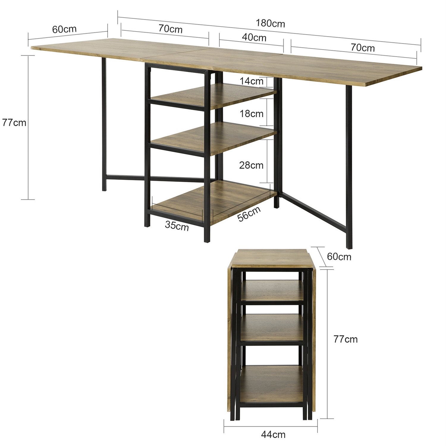 SoBuy FWT62-N Tavolo Pieghevole da Cucina e Sala da Pranzo in Legno con 3 Ripiani - Design Industriale