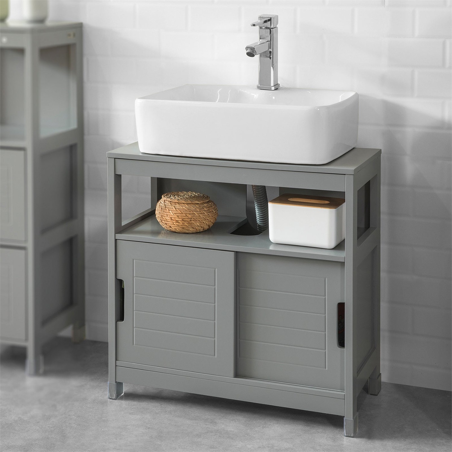 SoBuy Mobile Bagno Sottolavabo Salvaspazio Grigio - Armadietto con 2 Ante Scorrevoli e Ripiano Aperto, Dimensioni 60x30x60 cm