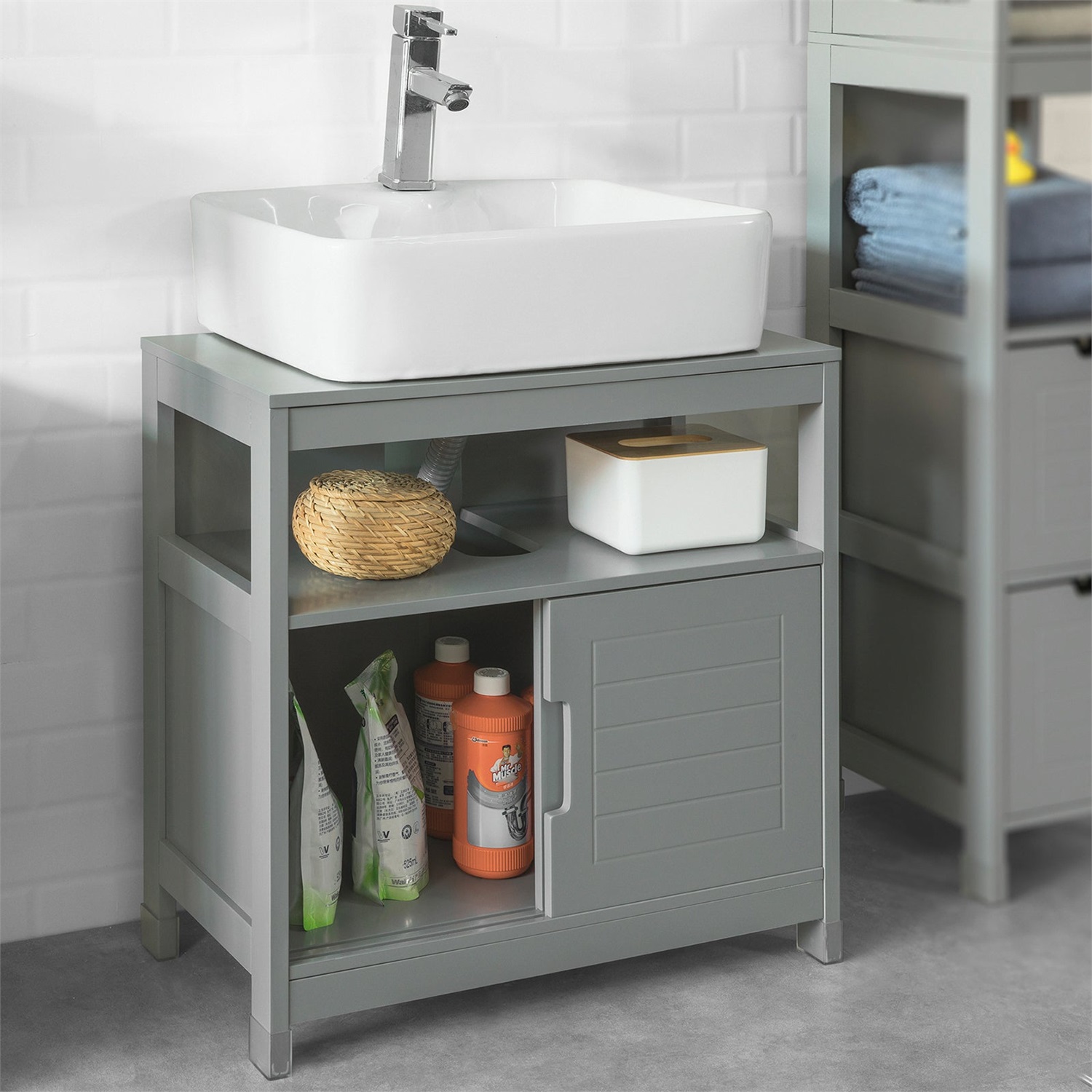 SoBuy Mobile Bagno Sottolavabo Salvaspazio Grigio - Armadietto con 2 Ante Scorrevoli e Ripiano Aperto, Dimensioni 60x30x60 cm