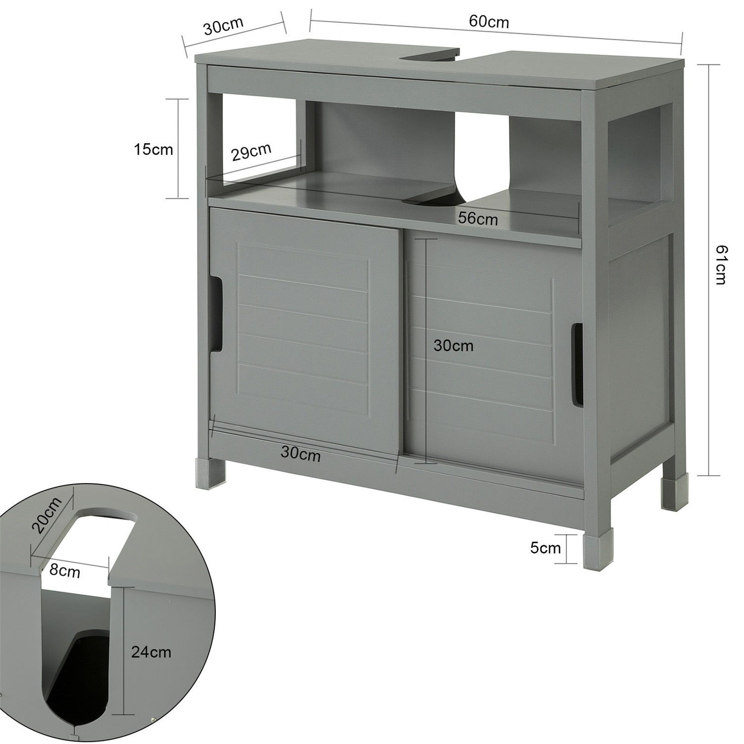 SoBuy Mobile Bagno Sottolavabo Salvaspazio Grigio - Armadietto con 2 Ante Scorrevoli e Ripiano Aperto, Dimensioni 60x30x60 cm