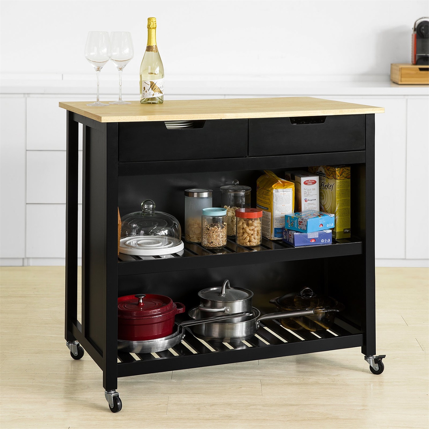 SoBuy FKW74-SCH Carrello Cucina Salvaspazio con Ruote, 2 Cassetti e Ampio Piano in Legno Nero, Dimensioni 98x94x58 cm