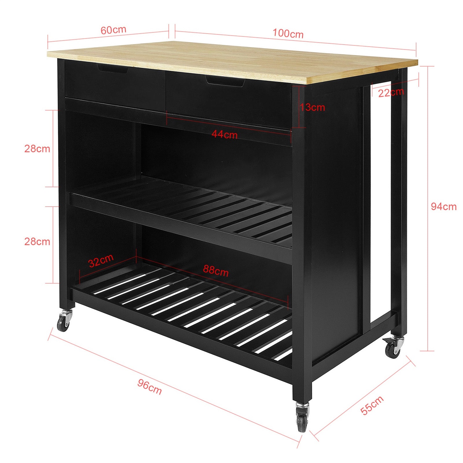 SoBuy FKW74-SCH Carrello Cucina Salvaspazio con Ruote, 2 Cassetti e Ampio Piano in Legno Nero, Dimensioni 98x94x58 cm