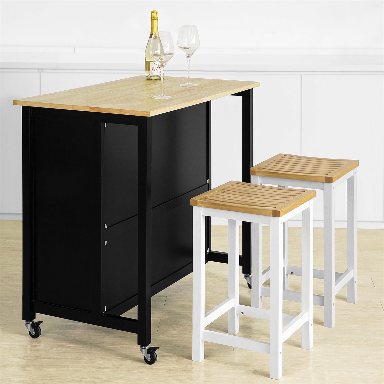 SoBuy FKW74-SCH Carrello Cucina Salvaspazio con Ruote, 2 Cassetti e Ampio Piano in Legno Nero, Dimensioni 98x94x58 cm
