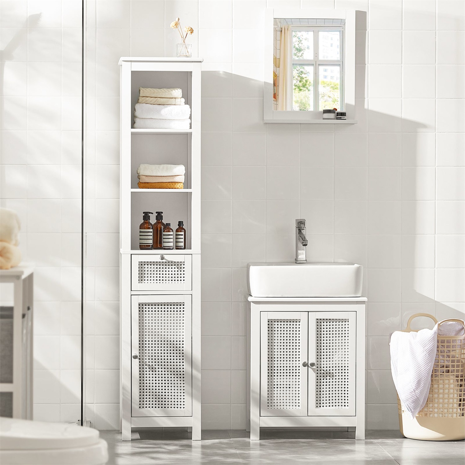 SoBuy Mobile Sottolavabo Bianco con 2 Ante a Griglia e Ripiano - Dimensioni Compatte 50x60x33 cm