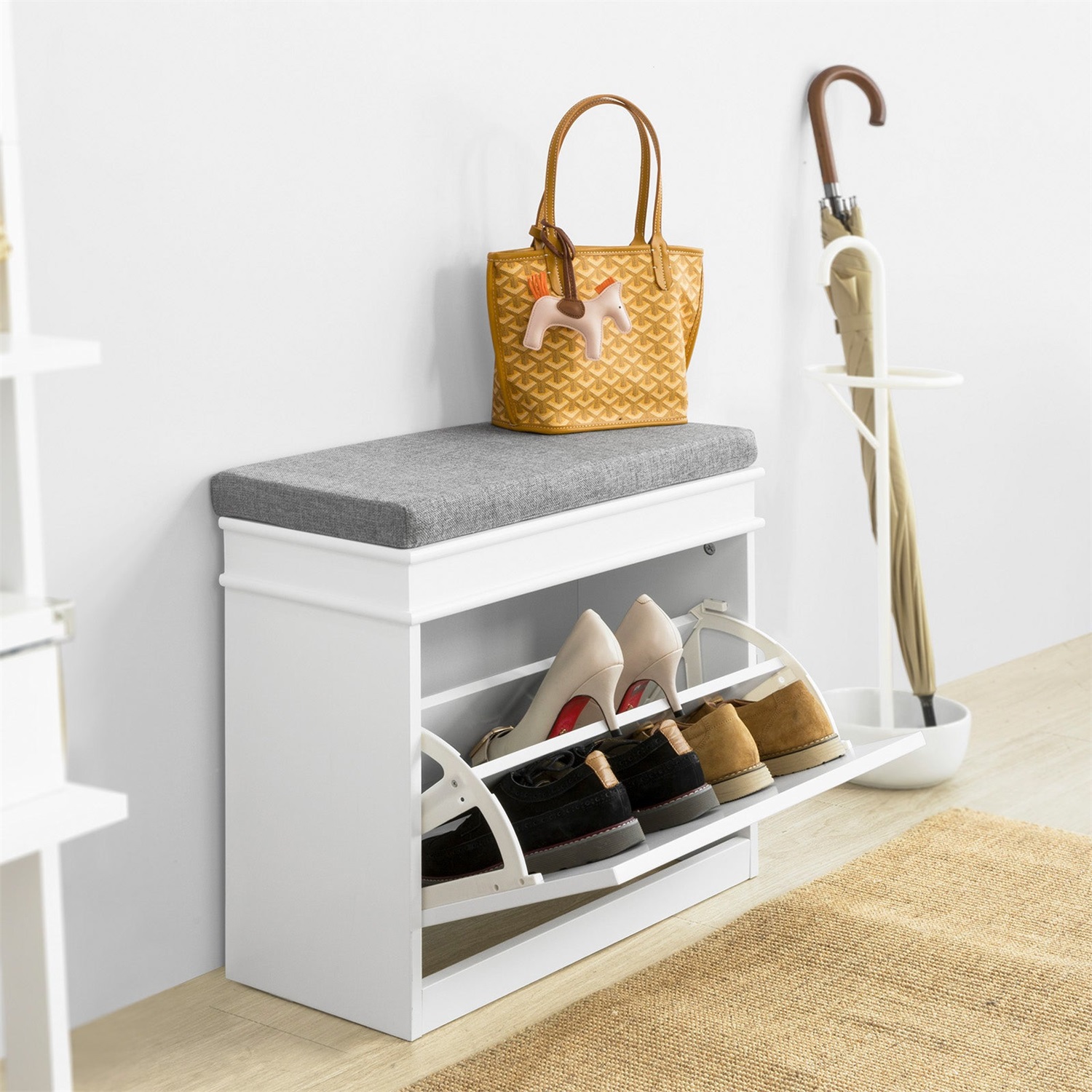 SoBuy Scarpiera Salvaspazio Slim con Seduta - Panca Contenitore in Legno Bianco 60x24x51 cm FSR82-K-W, Capacità 150 kg