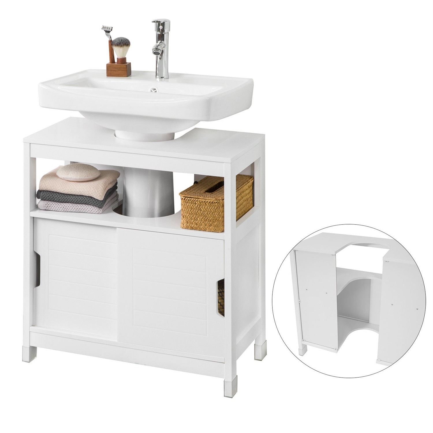 SoBuy FRG128-II-W Mobile Sottolavabo Bianco con Due Ante Scorrevoli e Ripiano - Soluzione Compatta per Bagno