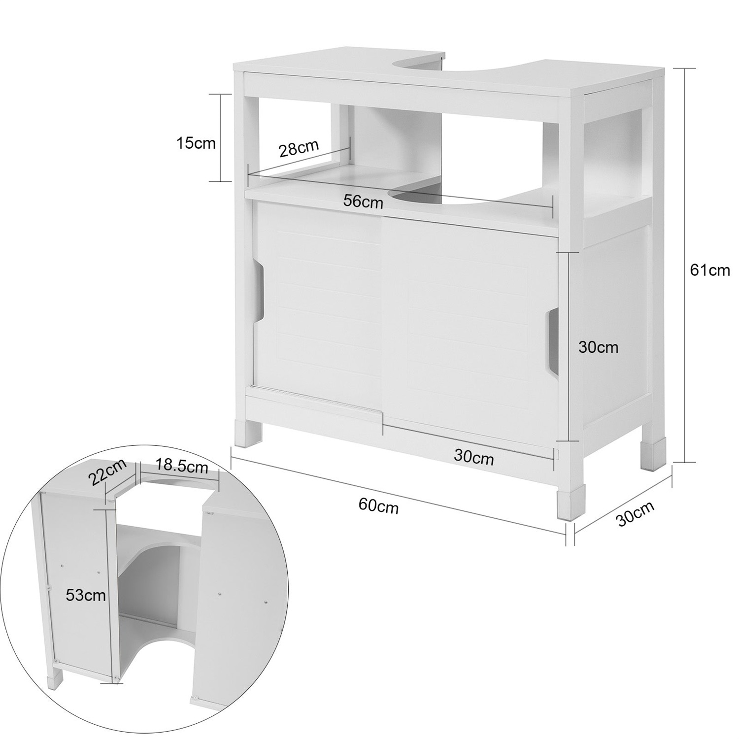 SoBuy FRG128-II-W Mobile Sottolavabo Bianco con Due Ante Scorrevoli e Ripiano - Soluzione Compatta per Bagno