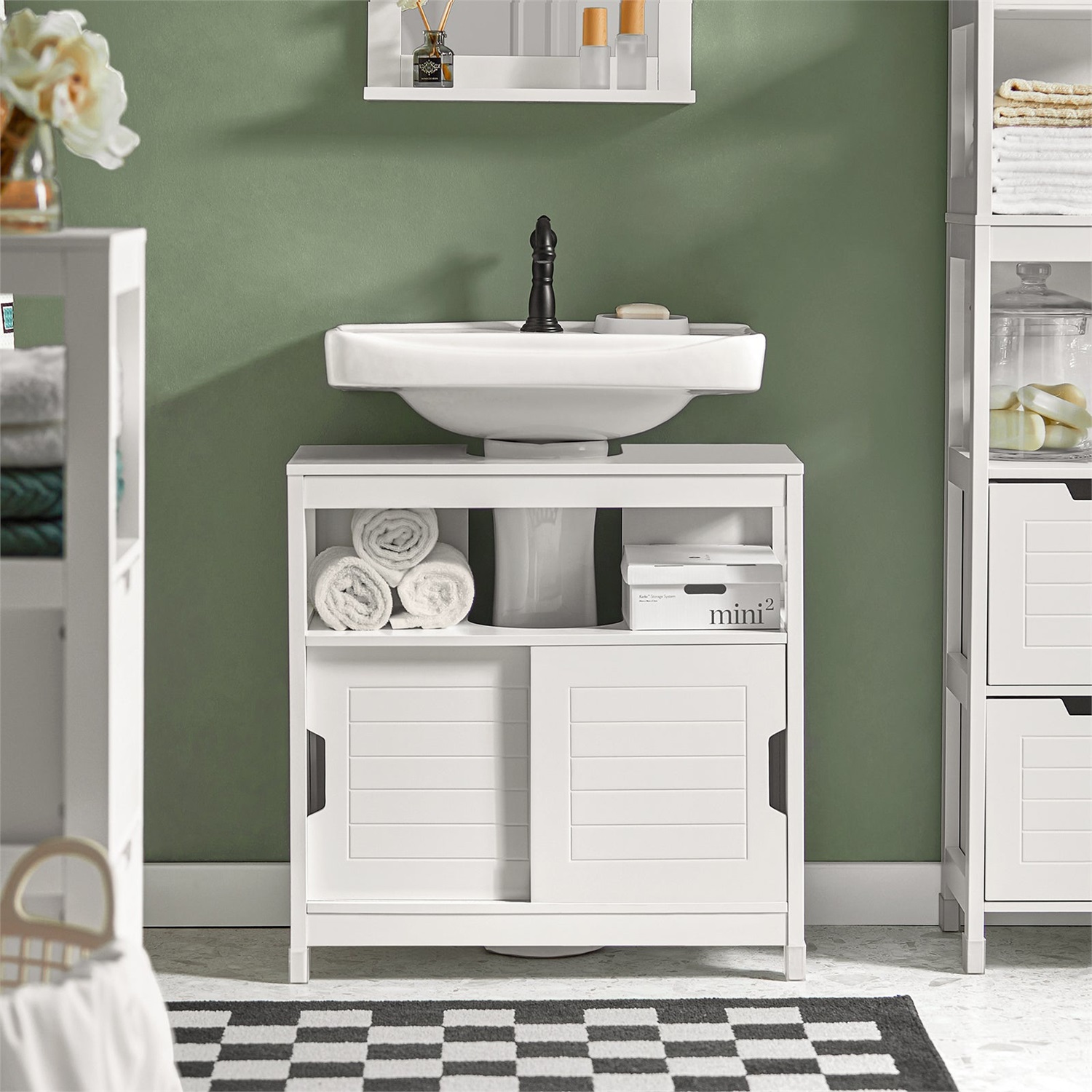 SoBuy FRG128-II-W Mobile Sottolavabo Bianco con Due Ante Scorrevoli e Ripiano - Soluzione Compatta per Bagno