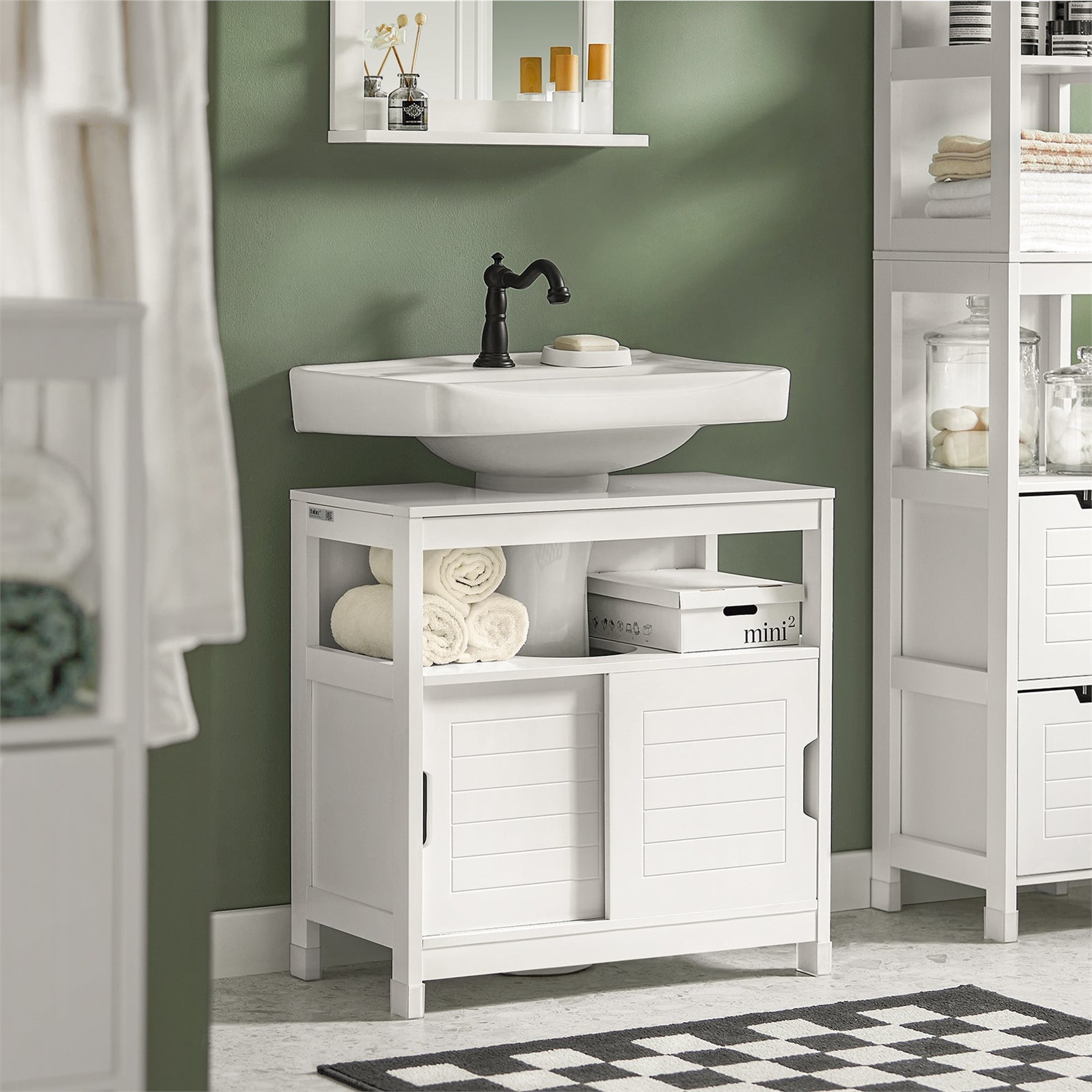 SoBuy FRG128-II-W Mobile Sottolavabo Bianco con Due Ante Scorrevoli e Ripiano - Soluzione Compatta per Bagno
