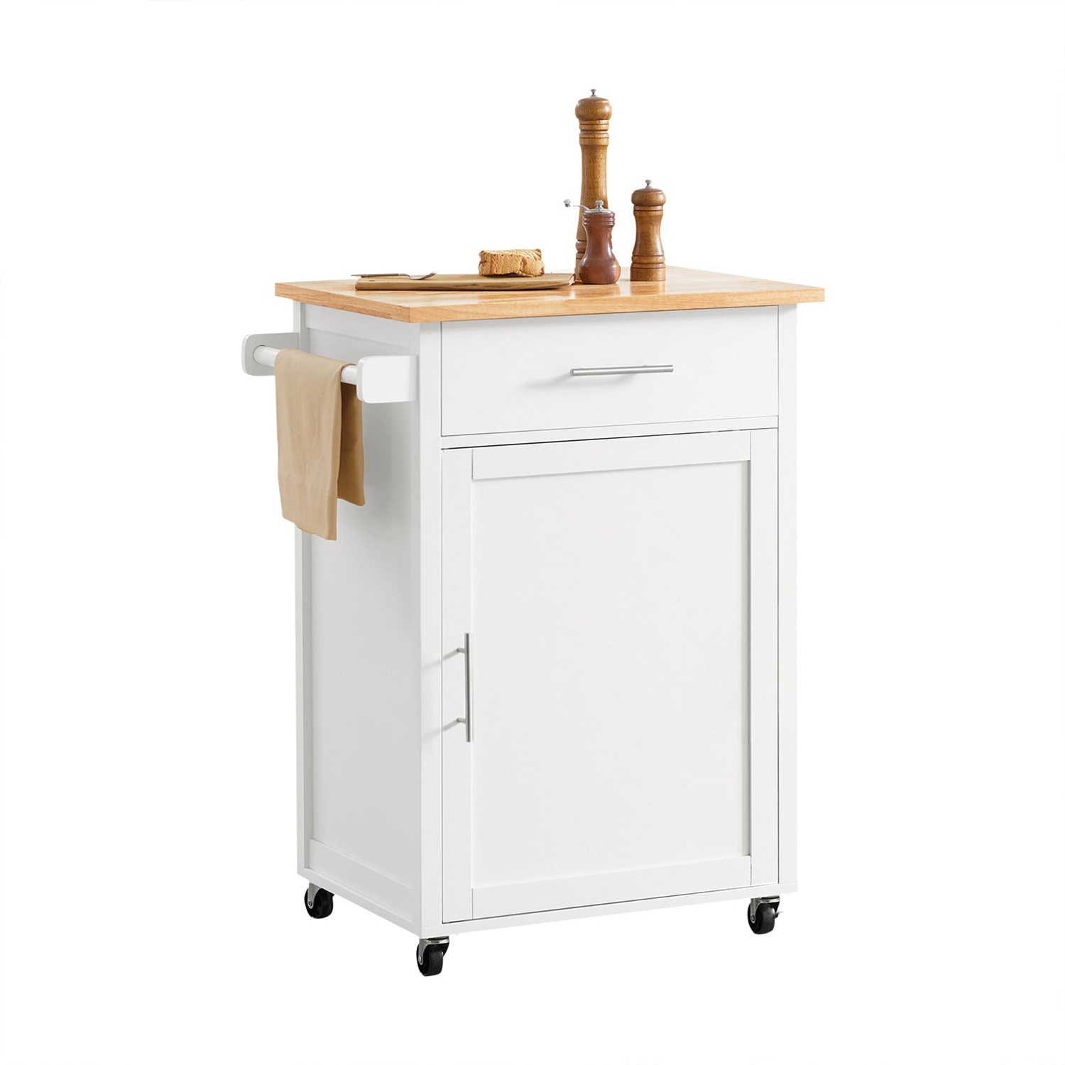 SoBuy FKW102-WN Carrello da Cucina Salvaspazio con Piastra da Lavoro, Cassetto e Anta, Bianco-Naturale, 68x46x90cm