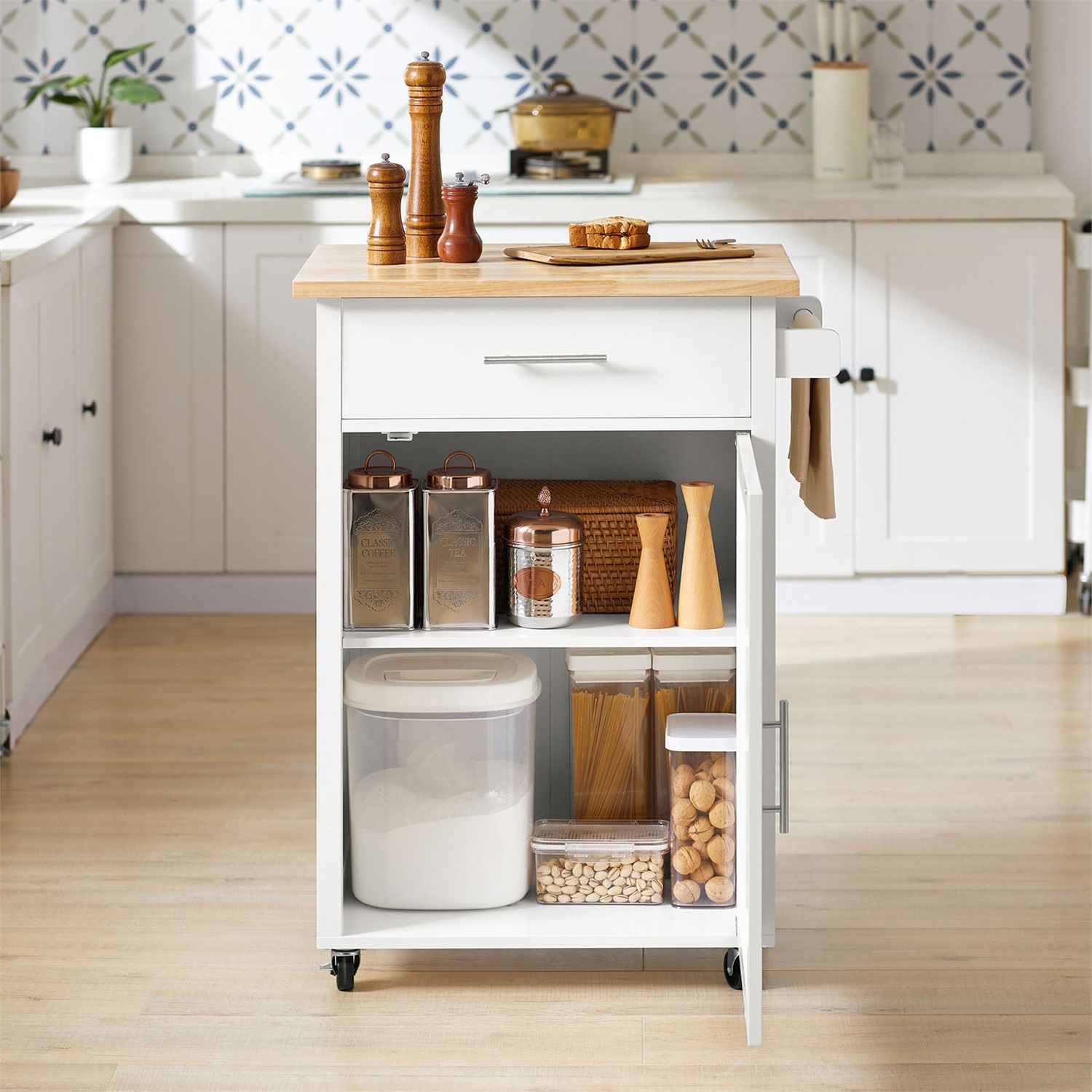 SoBuy FKW102-WN Carrello da Cucina Salvaspazio con Piastra da Lavoro, Cassetto e Anta, Bianco-Naturale, 68x46x90cm