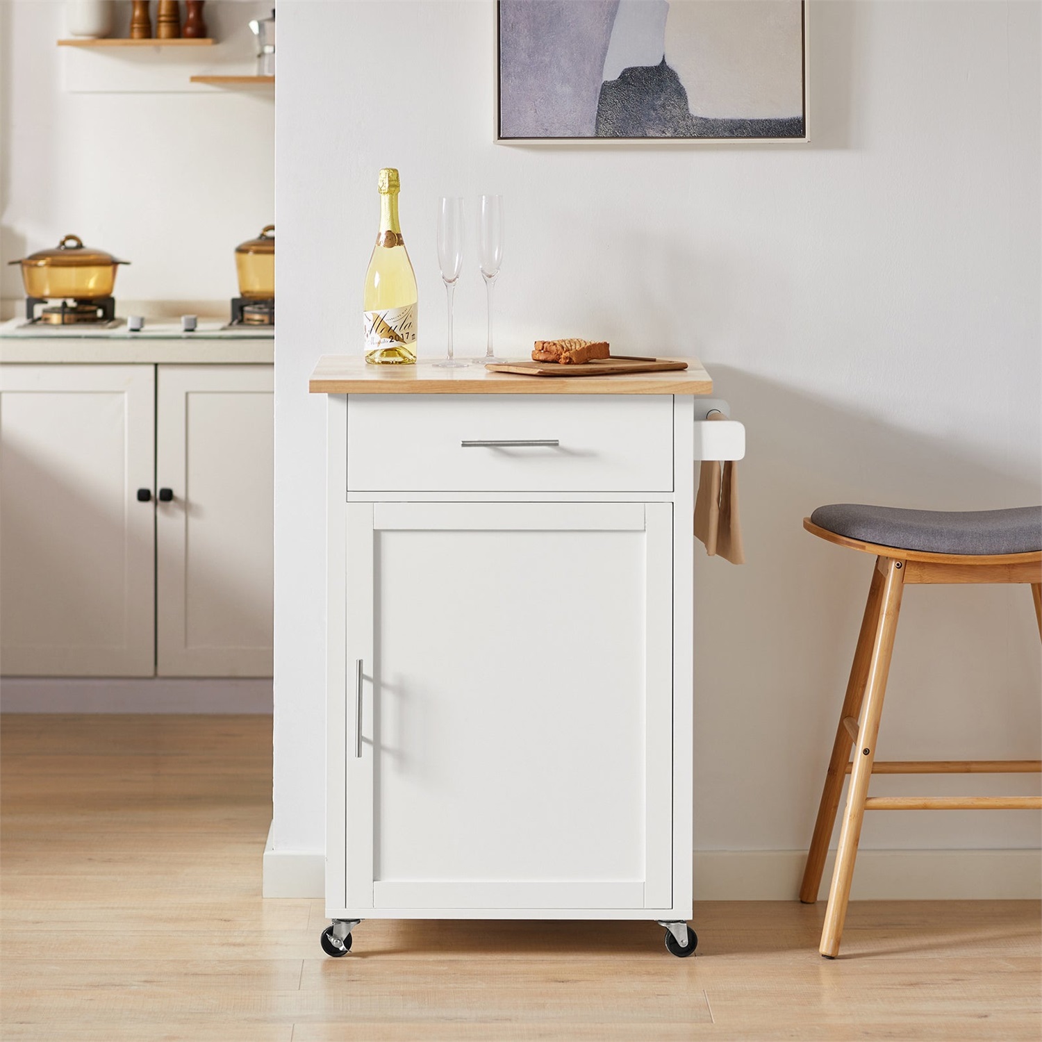 SoBuy FKW102-WN Carrello da Cucina Salvaspazio con Piastra da Lavoro, Cassetto e Anta, Bianco-Naturale, 68x46x90cm