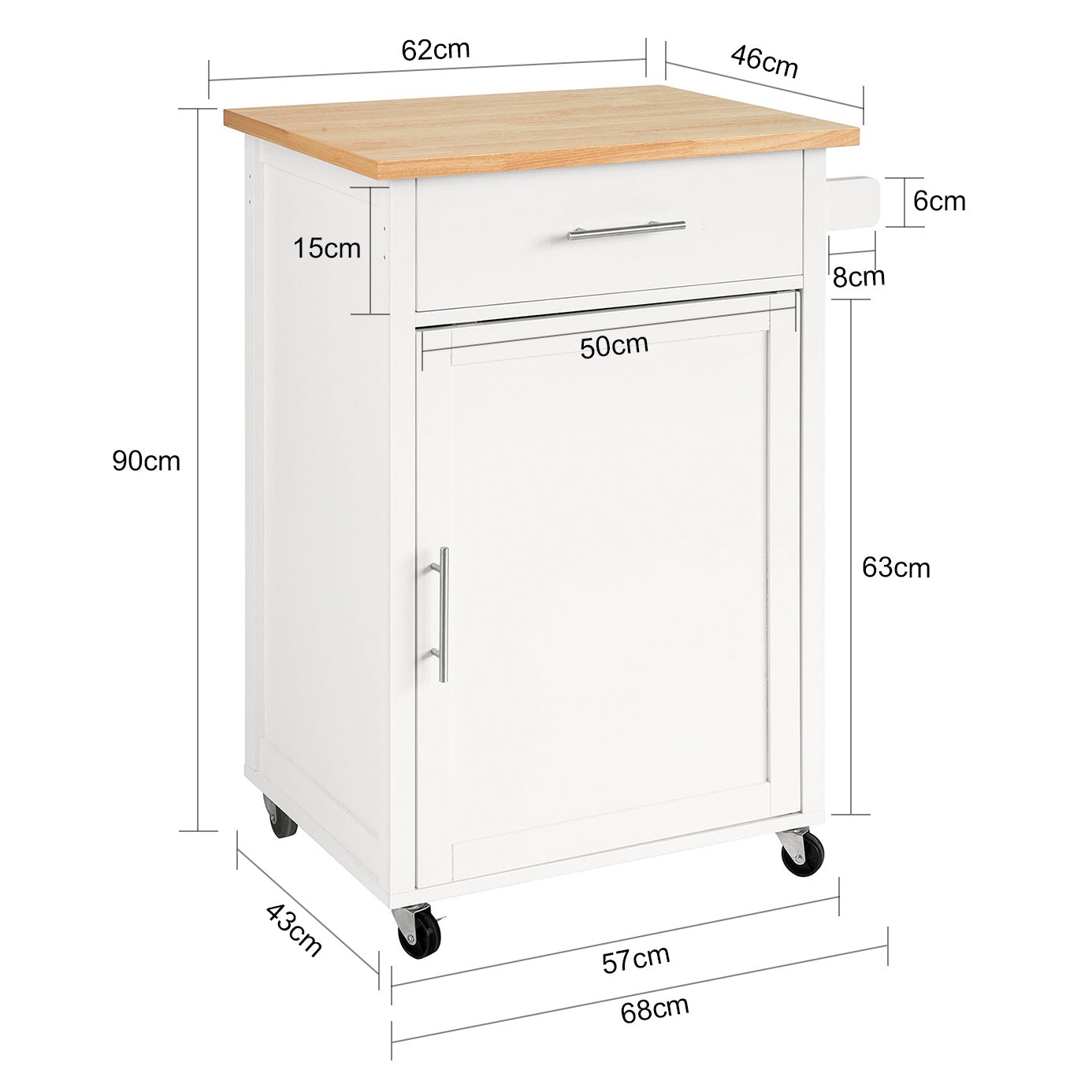 SoBuy FKW102-WN Carrello da Cucina Salvaspazio con Piastra da Lavoro, Cassetto e Anta, Bianco-Naturale, 68x46x90cm