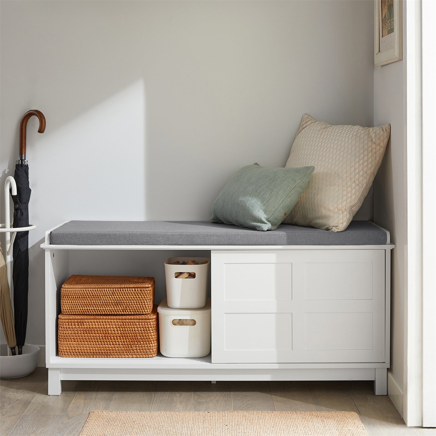 SoBuy FSR86-W Panca Portaoggetti con Cuscino Imbottito e Ante Scorrevoli, Scarpiera per Ingresso, 114x40x53 cm
