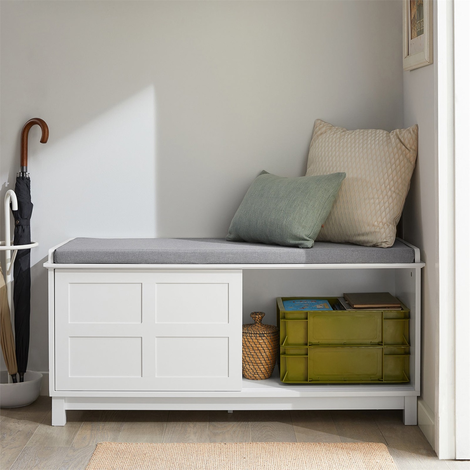 SoBuy FSR86-W Panca Portaoggetti con Cuscino Imbottito e Ante Scorrevoli, Scarpiera per Ingresso, 114x40x53 cm