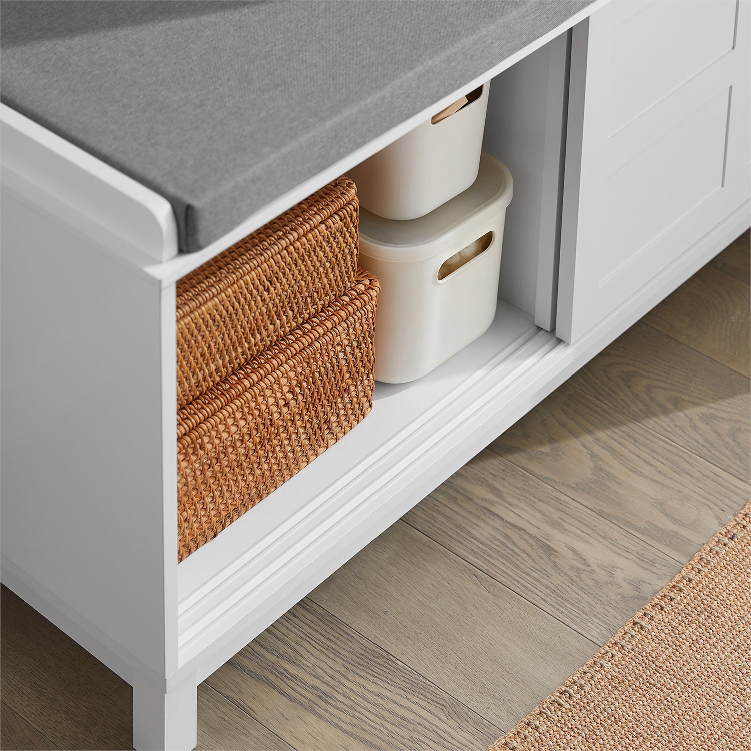 SoBuy FSR86-W Panca Portaoggetti con Cuscino Imbottito e Ante Scorrevoli, Scarpiera per Ingresso, 114x40x53 cm