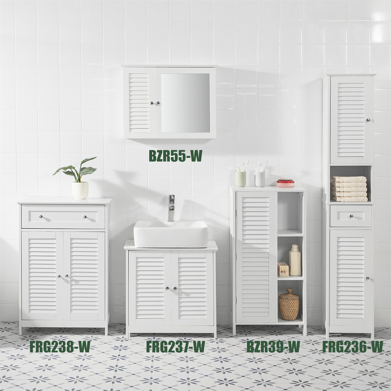 SoBuy BZR39-W Mobiletto da Bagno Bianco con Porta Lamellata e 3 Ripiani Aperti, Dimensioni 48x24x96 cm, Resistente all'Umidità