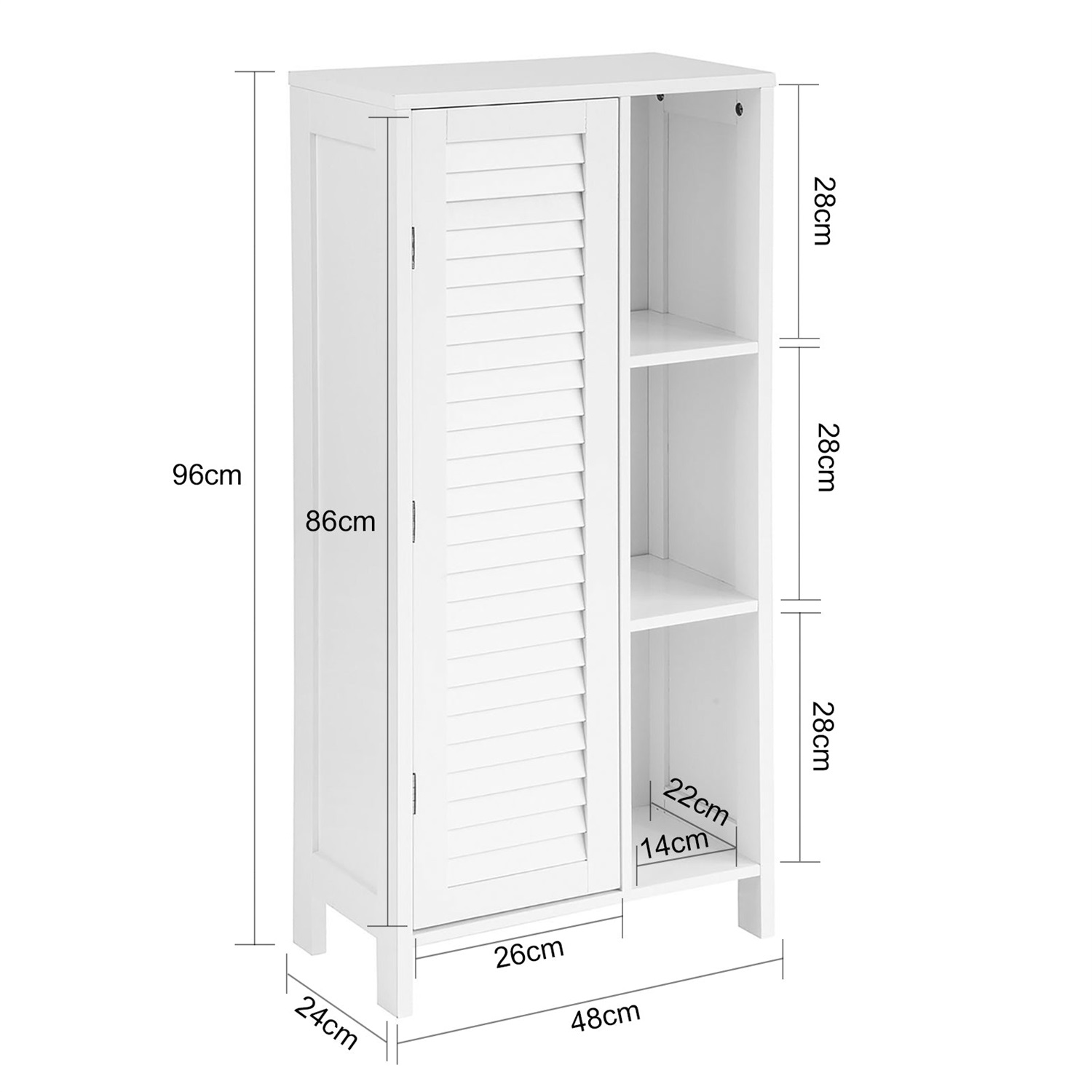 SoBuy BZR39-W Mobiletto da Bagno Bianco con Porta Lamellata e 3 Ripiani Aperti, Dimensioni 48x24x96 cm, Resistente all'Umidità