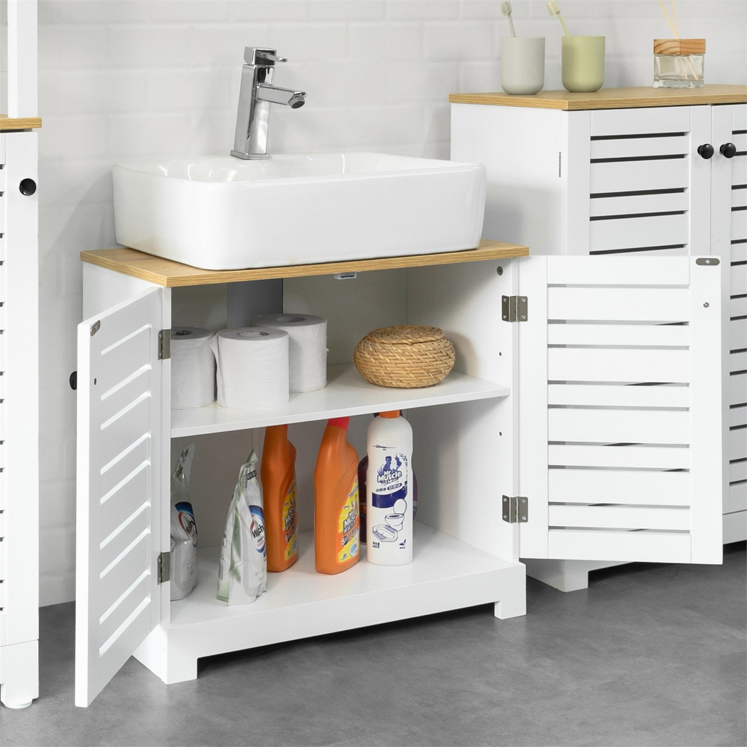 SoBuy Mobile Sottolavabo BZR40-W in MDF E1 con Ante a Doghe e Ripiani Regolabili - Arredo Bagno Bianco-Natura