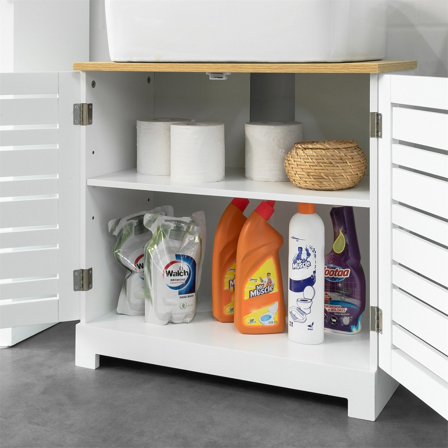 SoBuy Mobile Sottolavabo BZR40-W in MDF E1 con Ante a Doghe e Ripiani Regolabili - Arredo Bagno Bianco-Natura