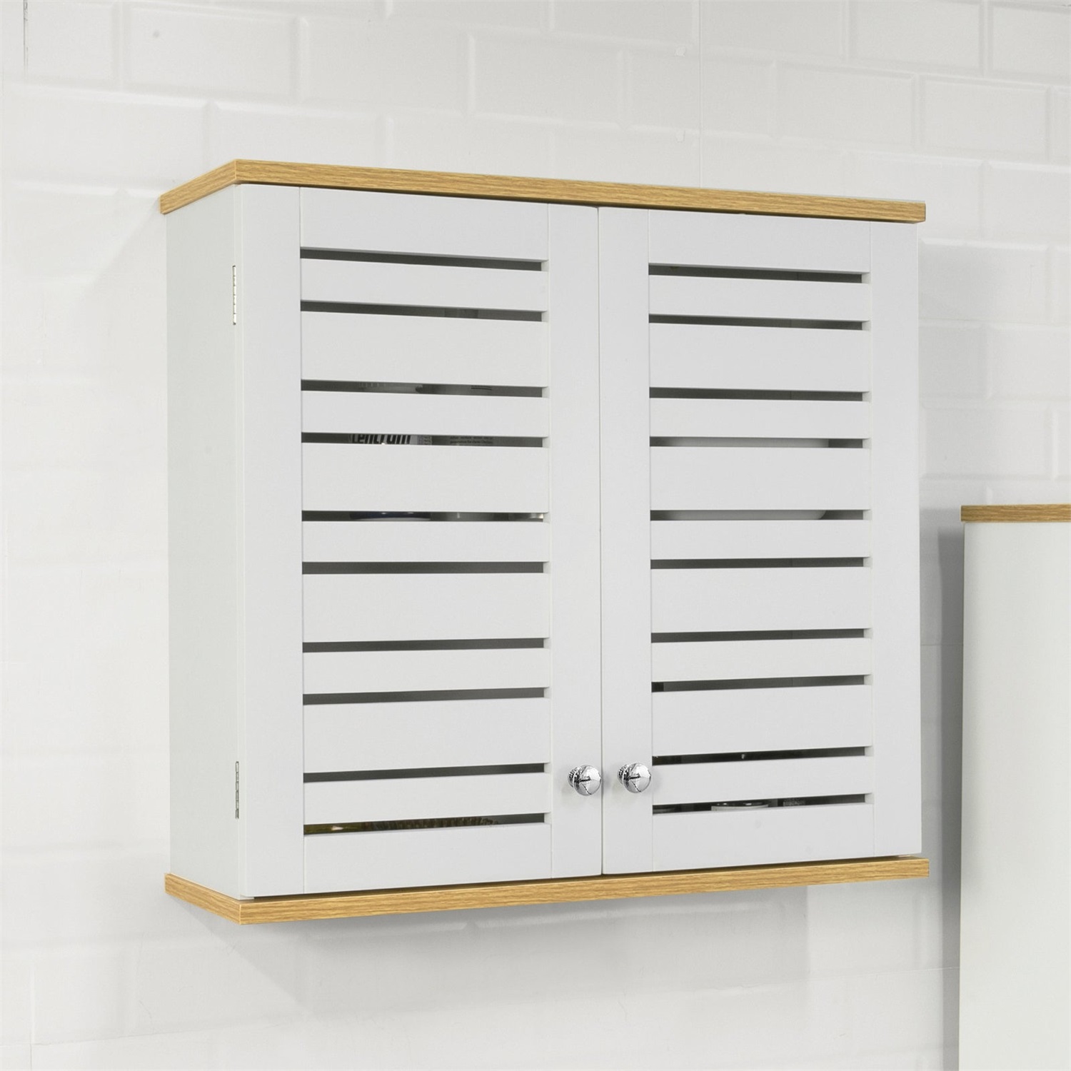 SoBuy BZR42-W Armadio Sospeso Bianco con Ante a Doghe e Ripiani Regolabili per Cucina e Bagno
