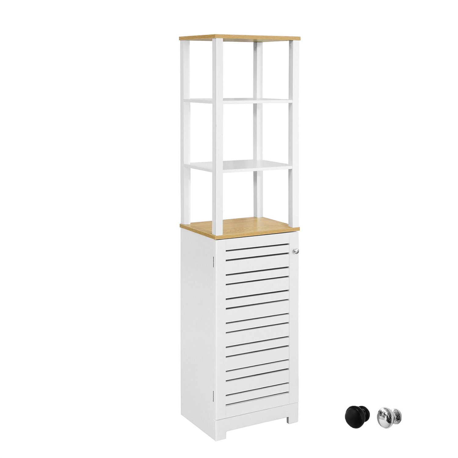 SoBuy BZR43-W Armadio da Bagno Alto e Stretto Salvaspazio con 3 Scomparti Aperti e Anta a Doghe - Colonna Bagno in MDF Bianco/Naturale, 160x40x30 cm