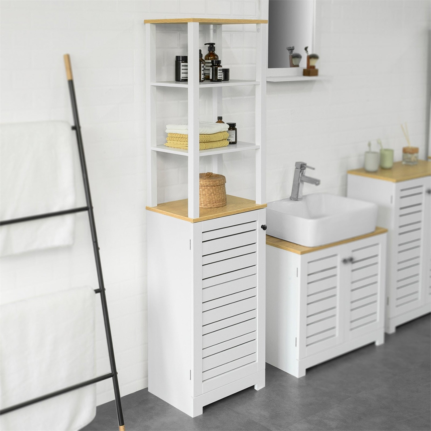 SoBuy BZR43-W Armadio da Bagno Alto e Stretto Salvaspazio con 3 Scomparti Aperti e Anta a Doghe - Colonna Bagno in MDF Bianco/Naturale, 160x40x30 cm