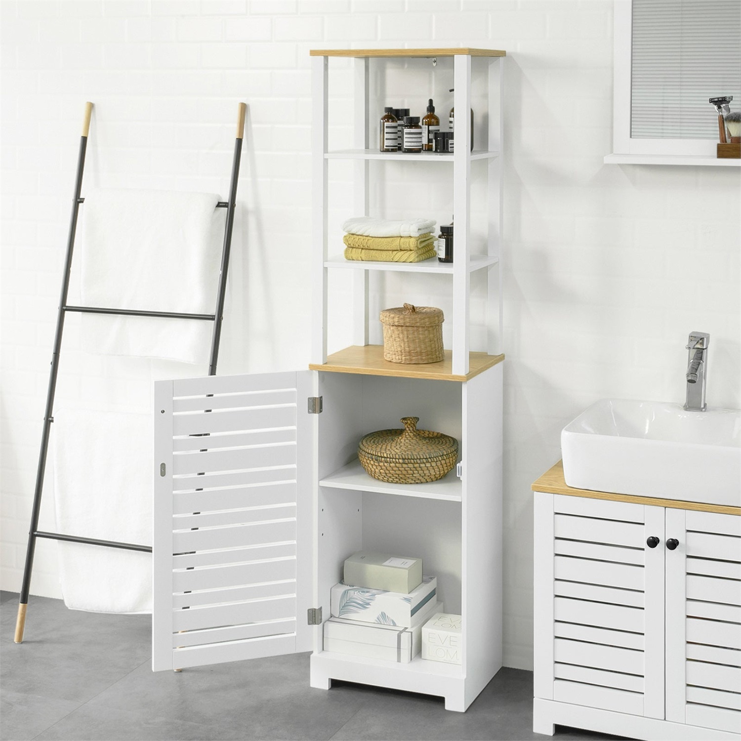 SoBuy BZR43-W Armadio da Bagno Alto e Stretto Salvaspazio con 3 Scomparti Aperti e Anta a Doghe - Colonna Bagno in MDF Bianco/Naturale, 160x40x30 cm