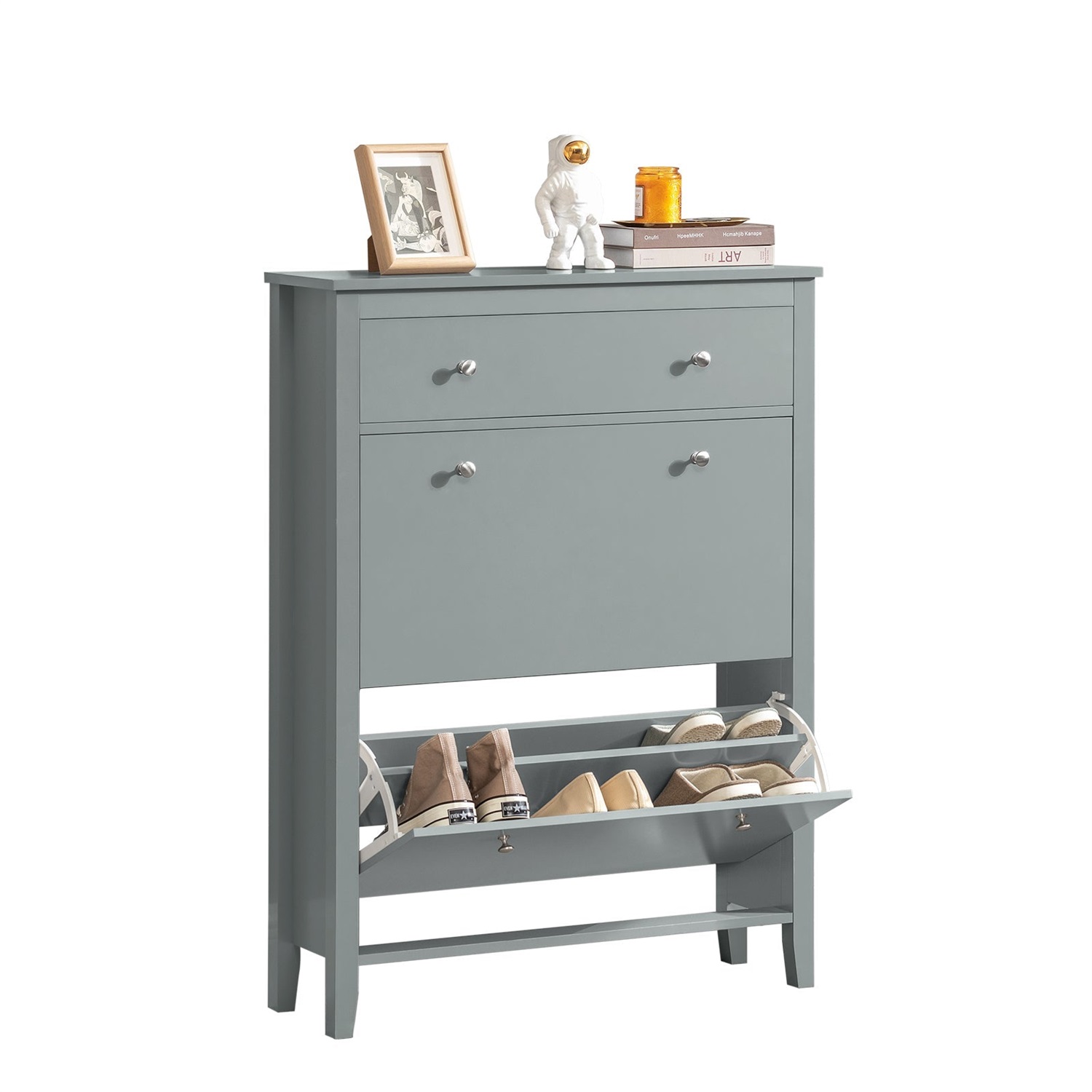 SoBuy FSR89-HG Scarpiera Salvaspazio Slim con 2 Ribalte e Cassetto - Mobile Grigio Moderna per Corridoio Stretto, MDF E1, 80x25x108cm