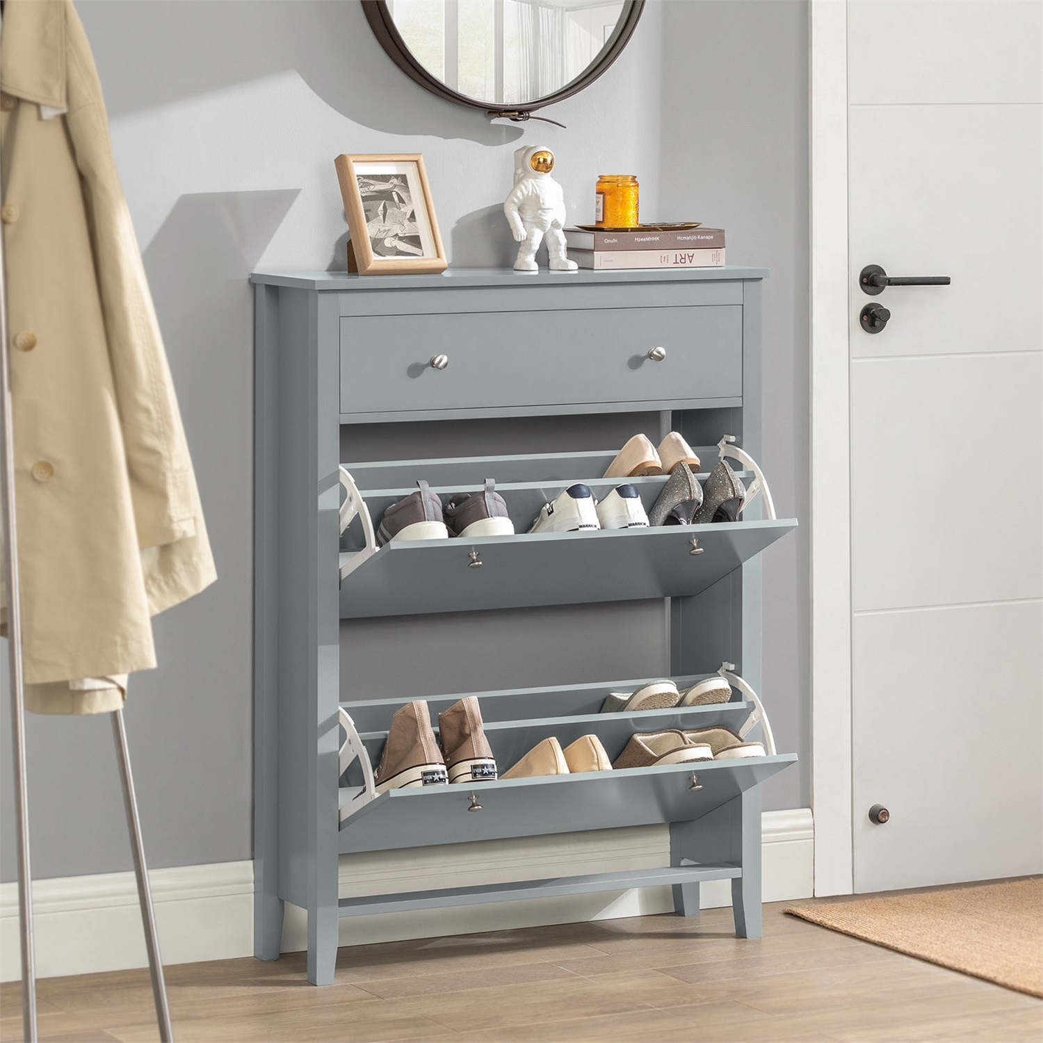 SoBuy FSR89-HG Scarpiera Salvaspazio Slim con 2 Ribalte e Cassetto - Mobile Grigio Moderna per Corridoio Stretto, MDF E1, 80x25x108cm