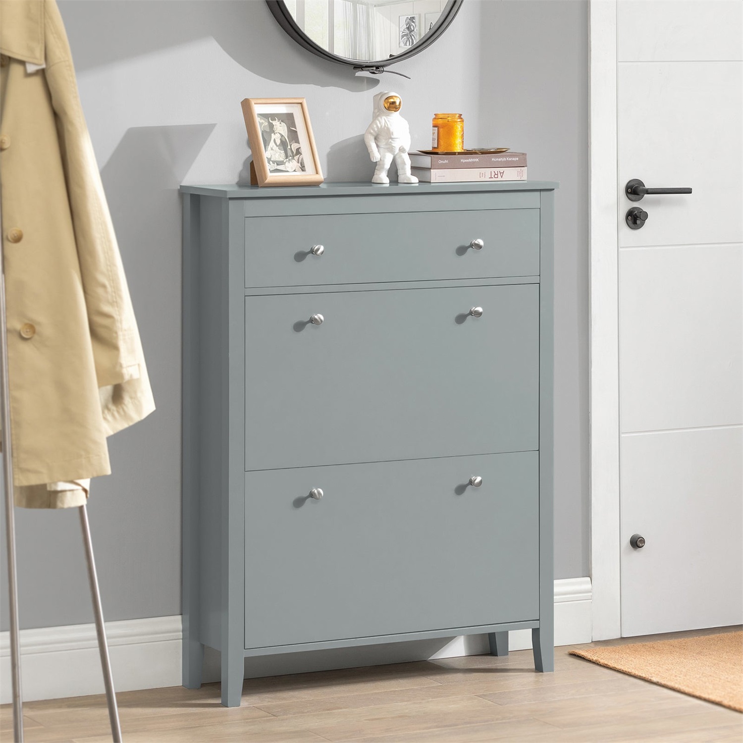 SoBuy FSR89-HG Scarpiera Salvaspazio Slim con 2 Ribalte e Cassetto - Mobile Grigio Moderna per Corridoio Stretto, MDF E1, 80x25x108cm