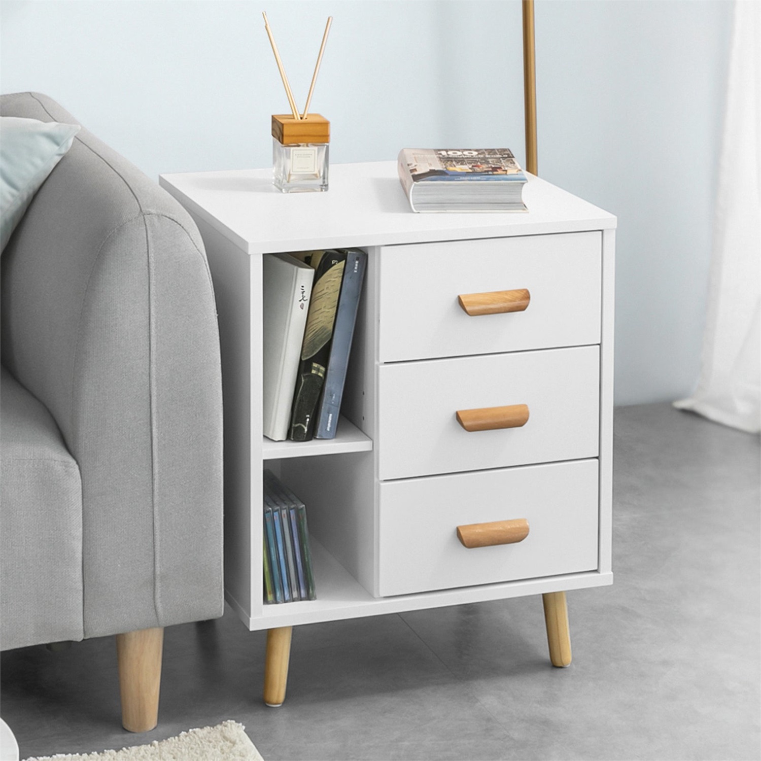 SoBuy Comodino Bianco con 3 Cassetti e 2 Ripiani - Tavolino Salotto L48 x P40 x A60 cm