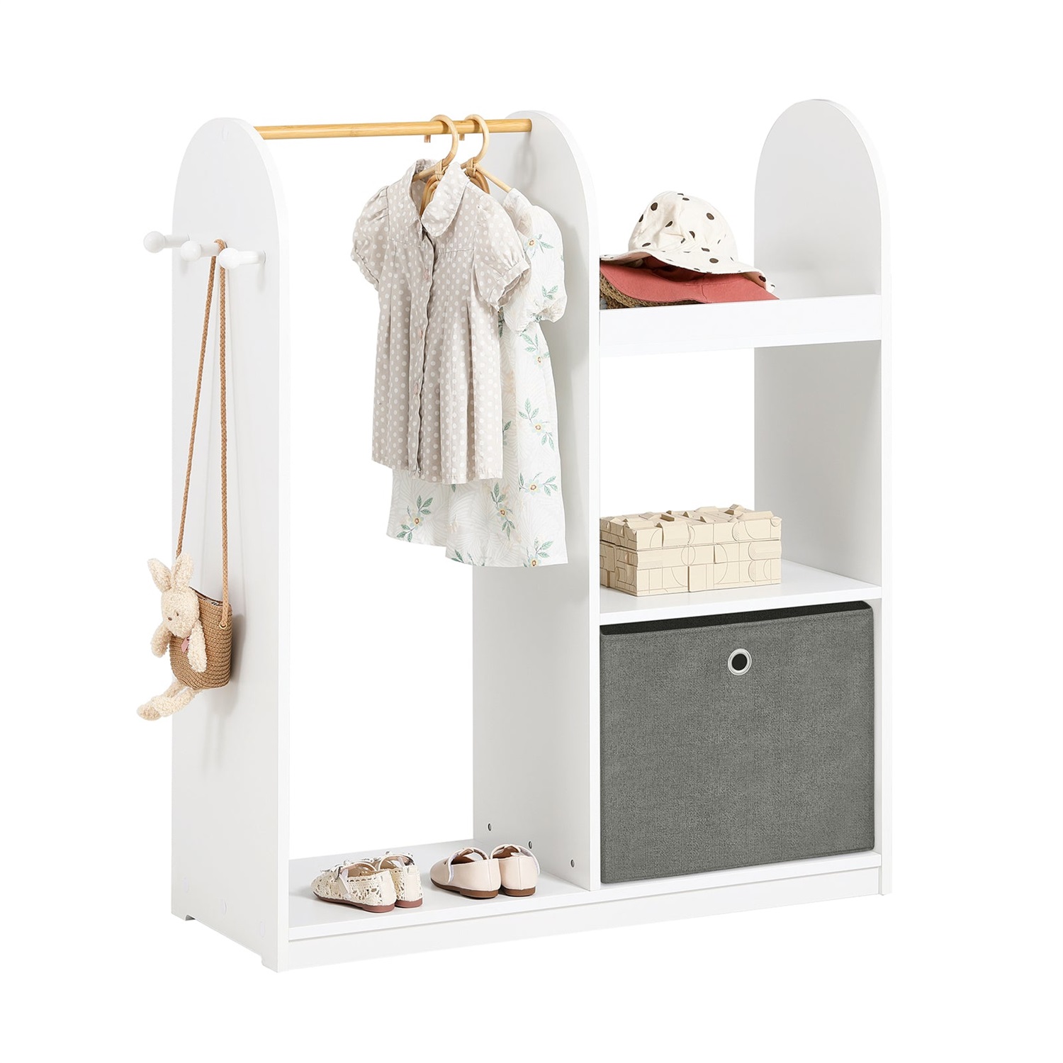 SoBuy KMB40-W Armadio per Bambini con 3 Scomparti, Contenitore in Tessuto e 3 Ganci Laterali - Bianco 97x35x108 cm