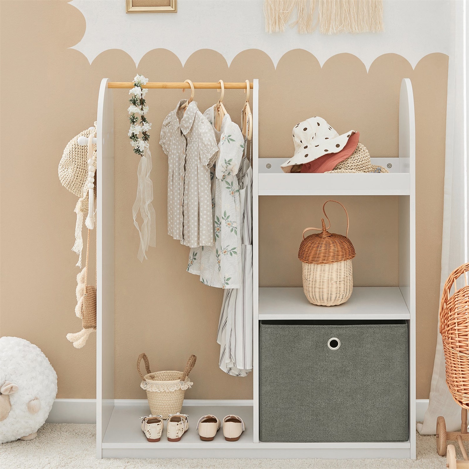SoBuy KMB40-W Armadio per Bambini con 3 Scomparti, Contenitore in Tessuto e 3 Ganci Laterali - Bianco 97x35x108 cm