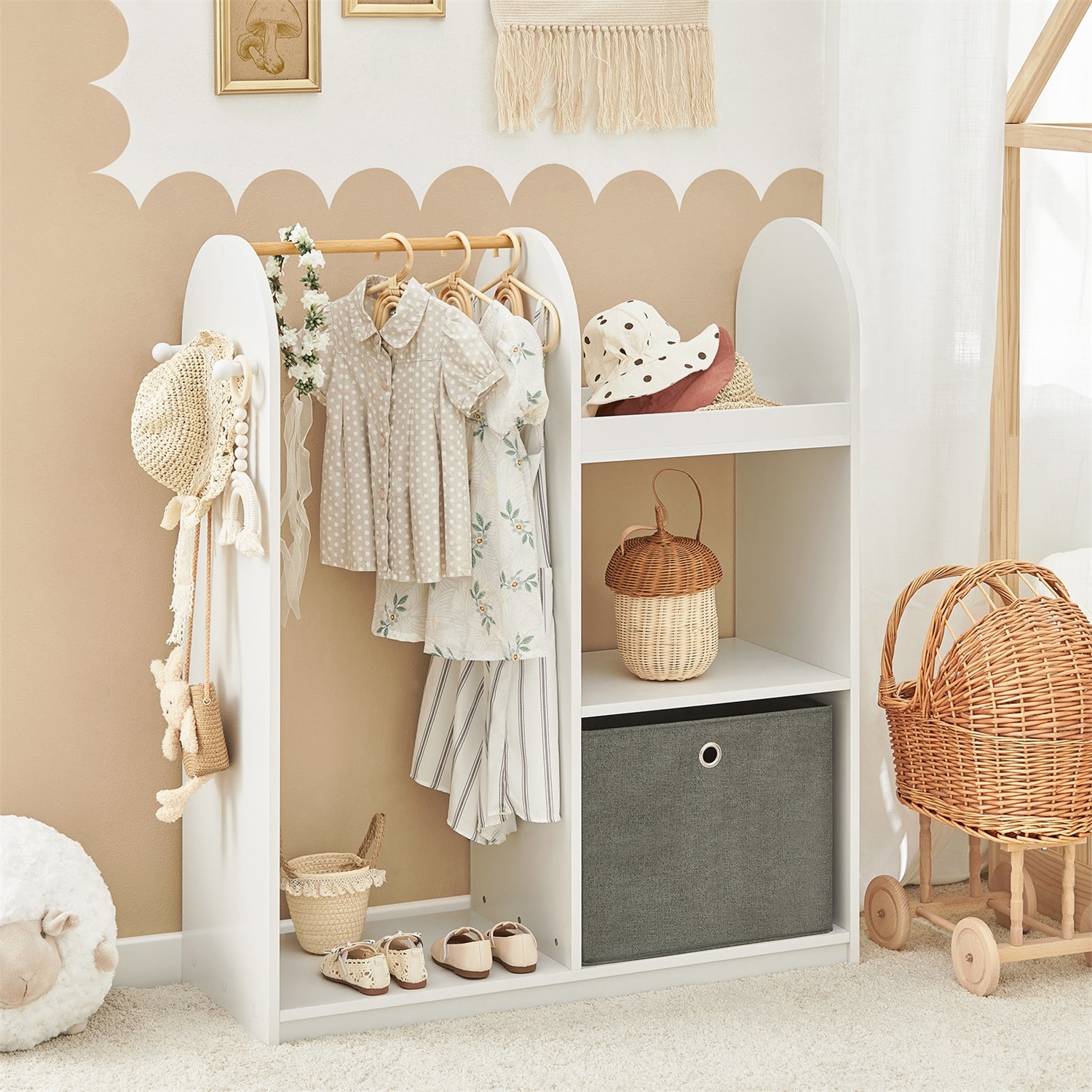 SoBuy KMB40-W Armadio per Bambini con 3 Scomparti, Contenitore in Tessuto e 3 Ganci Laterali - Bianco 97x35x108 cm