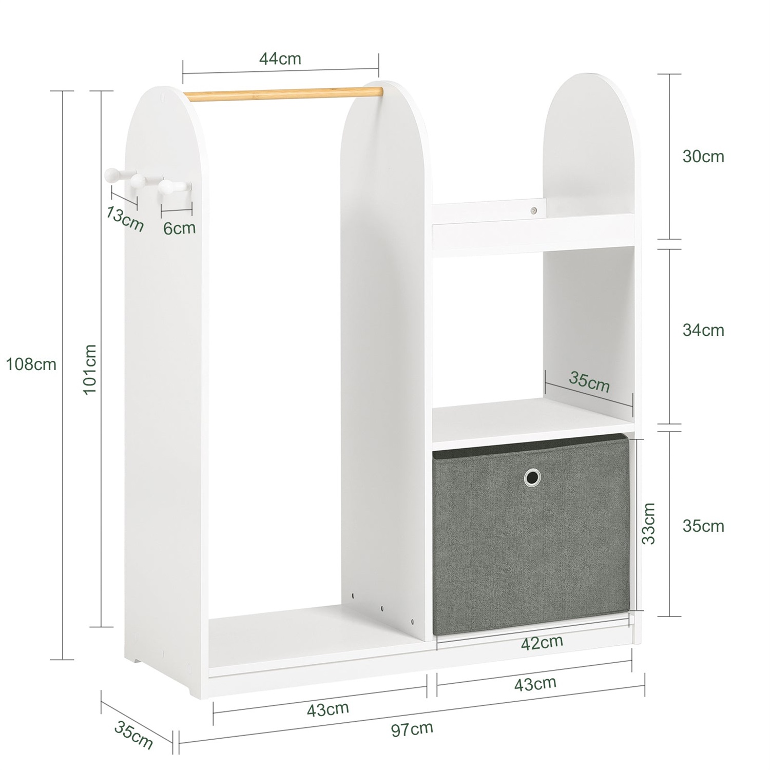 SoBuy KMB40-W Armadio per Bambini con 3 Scomparti, Contenitore in Tessuto e 3 Ganci Laterali - Bianco 97x35x108 cm