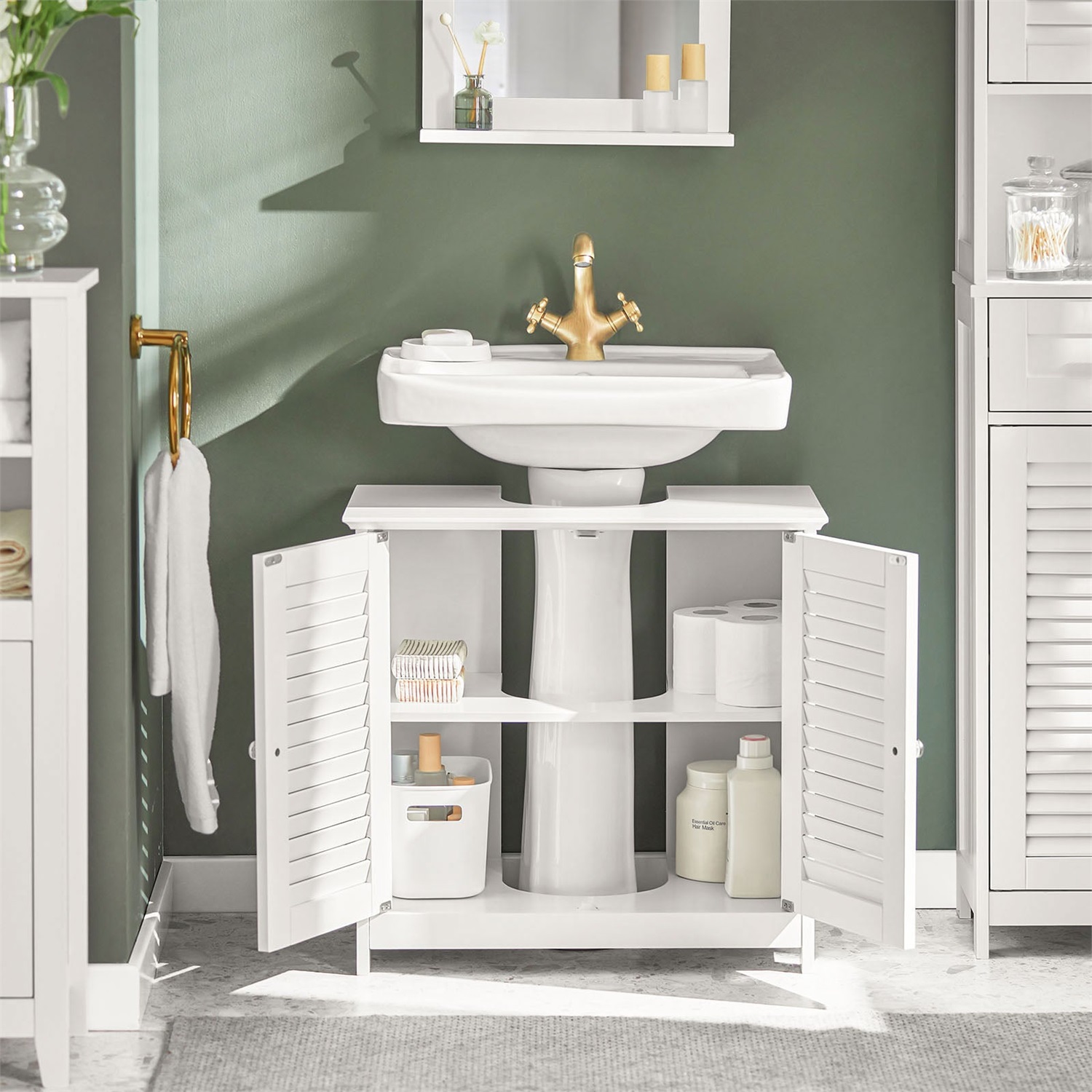 SoBuy FRG237-II Mobile Sottolavabo per Bagno Bianco, 60x58x35 cm, in MDF Antimuffa con Mensole Regolabili e Porta a Lamelle