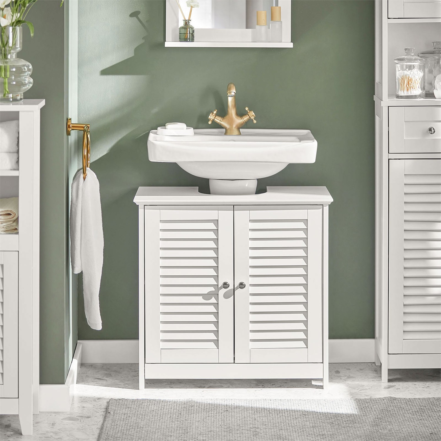 SoBuy FRG237-II Mobile Sottolavabo per Bagno Bianco, 60x58x35 cm, in MDF Antimuffa con Mensole Regolabili e Porta a Lamelle