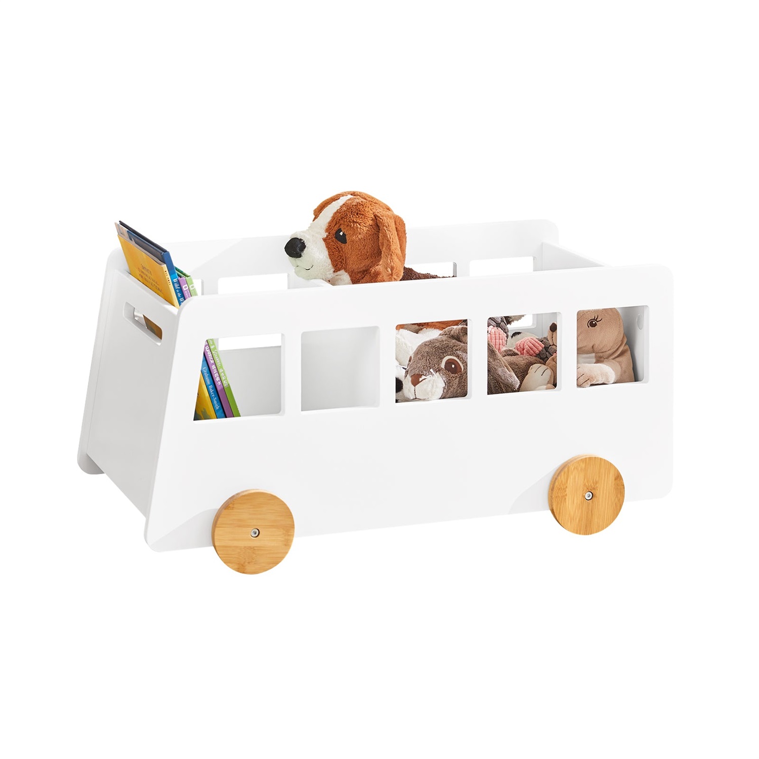 SoBuy Portagiochi Carrello Libreria per Bambini - Organizzatore di Libri a 2 Scomparti con Ruote, Bianco