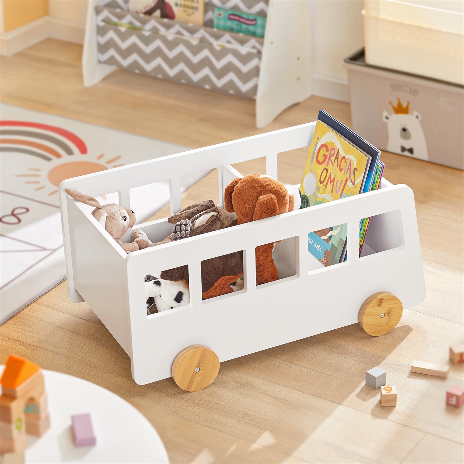 SoBuy Portagiochi Carrello Libreria per Bambini - Organizzatore di Libri a 2 Scomparti con Ruote, Bianco