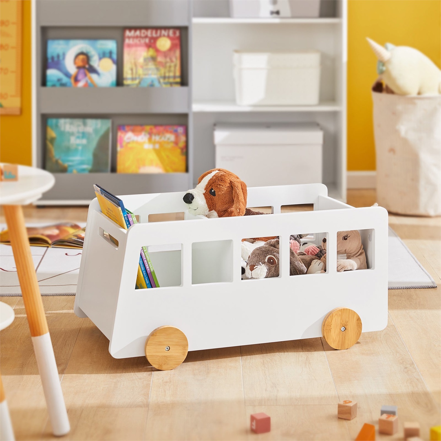 SoBuy Portagiochi Carrello Libreria per Bambini - Organizzatore di Libri a 2 Scomparti con Ruote, Bianco
