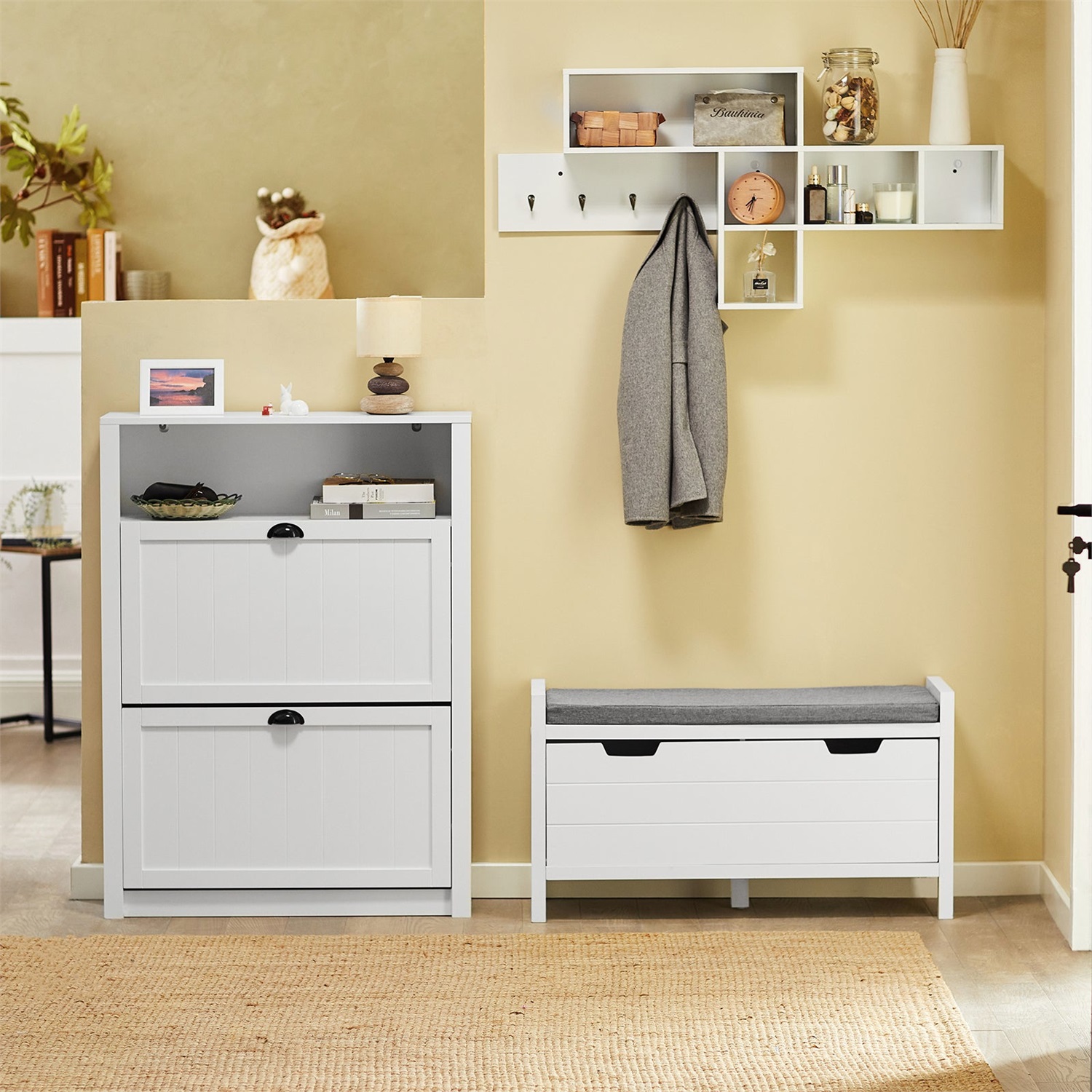 SoBuy FSR97-W Panca Scarpiera con Cuscino, Spazio di Archiviazione, Design Moderno, Bianco, L91*P30*A50 cm, Carico Massimo 120 kg