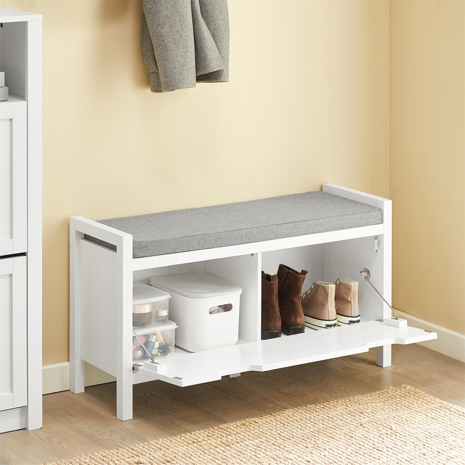 SoBuy FSR97-W Panca Scarpiera con Cuscino, Spazio di Archiviazione, Design Moderno, Bianco, L91*P30*A50 cm, Carico Massimo 120 kg