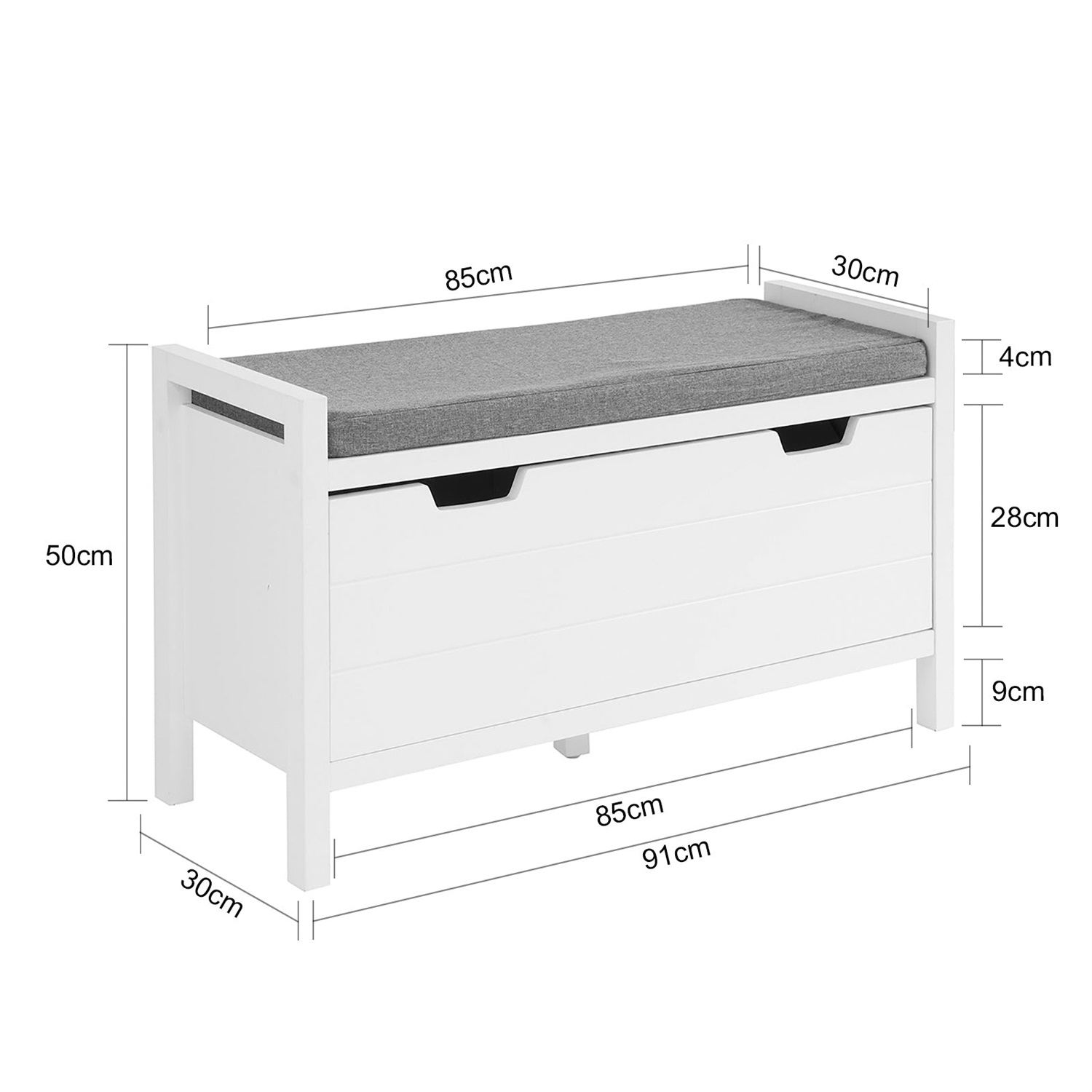 SoBuy FSR97-W Panca Scarpiera con Cuscino, Spazio di Archiviazione, Design Moderno, Bianco, L91*P30*A50 cm, Carico Massimo 120 kg