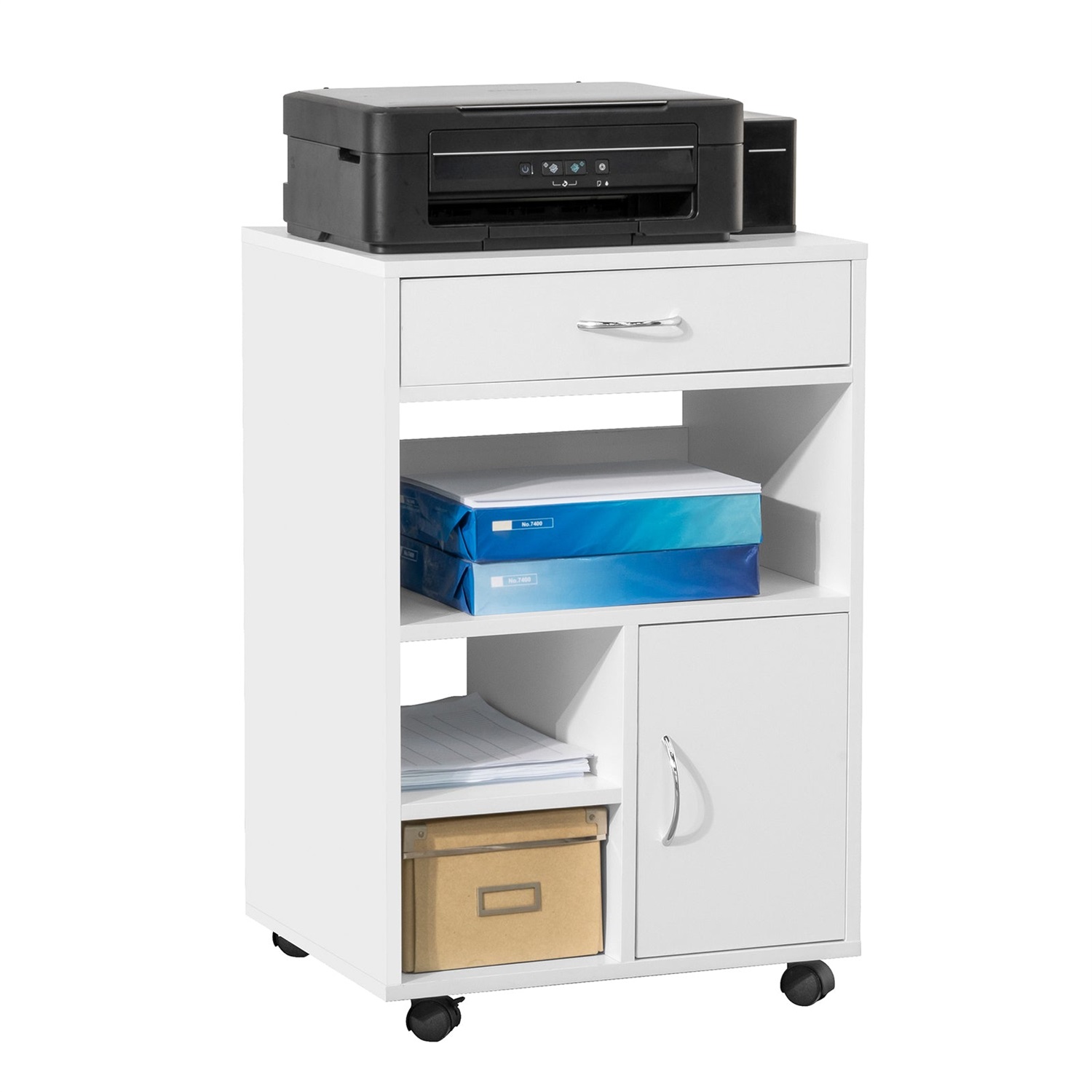 SoBuy FBT106-W Tavolo Stampante con Cassetto e Porta File, Cassettiera Ufficio Salvaspazio con Ruote e Ripiani, Bianco