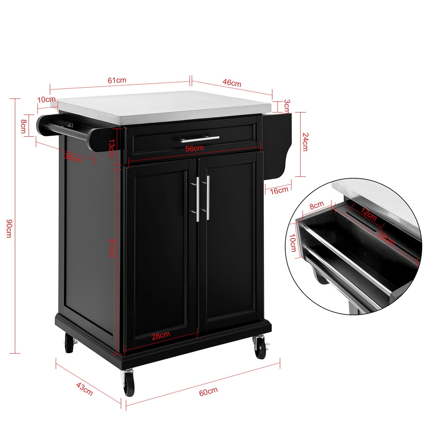 SoBuy Carrello Cucina Salvaspazio Nero con Ruote - Mobiletto 80x46x90 cm, Credenza e Dispensa
